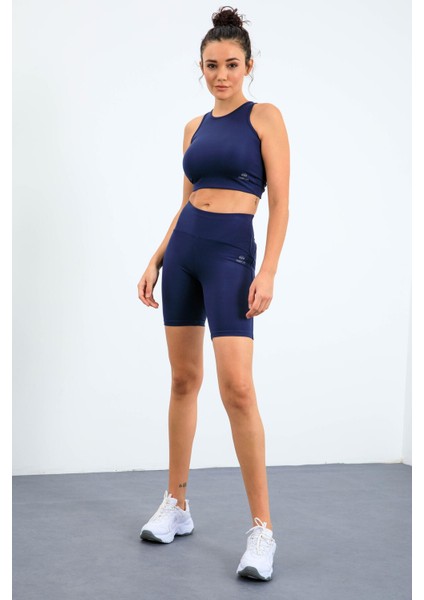 İndigo Yüksek Bel Toparlayıcı Dar Kalıp Crop Biker Kadın Tayt Takım - 95302 fiyatları