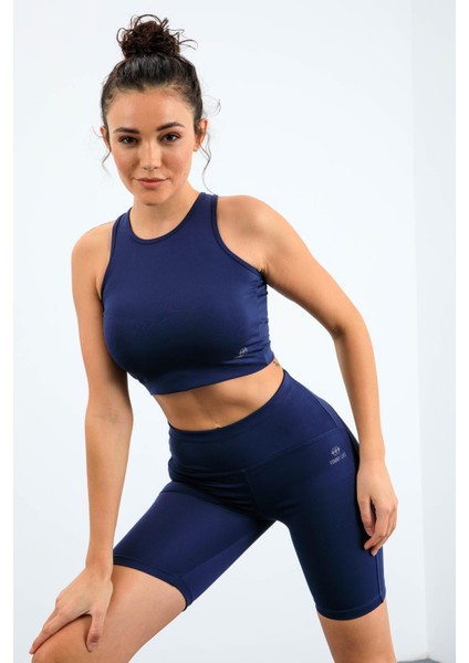 İndigo Yüksek Bel Toparlayıcı Dar Kalıp Crop Biker Kadın Tayt Takım - 95302 fırsatları