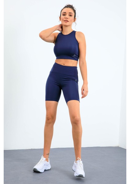 İndigo Yüksek Bel Toparlayıcı Dar Kalıp Crop Biker Kadın Tayt Takım - 95302 indirimleri