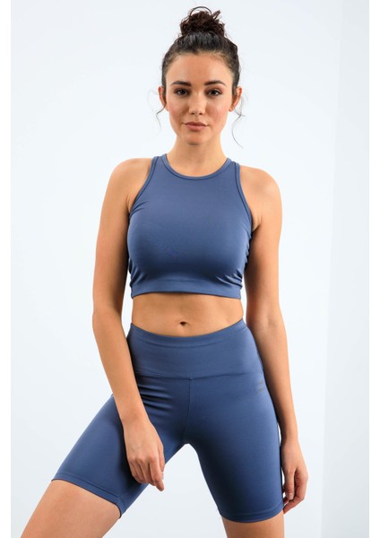 Petrol Yüksek Bel Toparlayıcı Dar Kalıp Crop Biker Kadın Tayt Takım - 95302