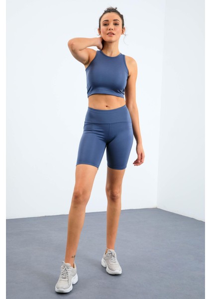 Petrol Yüksek Bel Toparlayıcı Dar Kalıp Crop Biker Kadın Tayt Takım - 95302