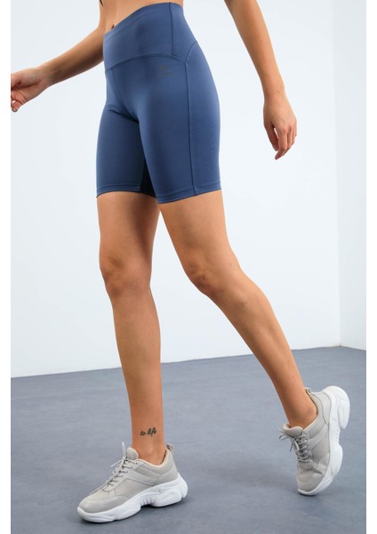 Petrol Yüksek Bel Toparlayıcı Dar Kalıp Crop Biker Kadın Tayt Takım - 95302