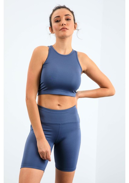 Petrol Yüksek Bel Toparlayıcı Dar Kalıp Crop Biker Kadın Tayt Takım - 95302