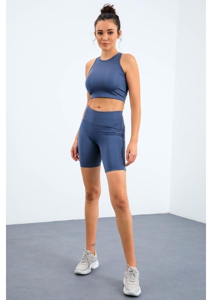 Petrol Yüksek Bel Toparlayıcı Dar Kalıp Crop Biker Kadın Tayt Takım - 95302