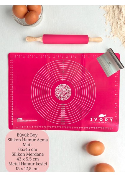 Büyük Boy Silikon Hamur Açma Matı Bambu Saplı Silikon Merdane Metal Hamur Kesme Aparatı