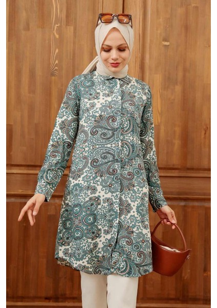 Desenli Çağla Yeşili Tesettür Viskon Tunik 11524CY