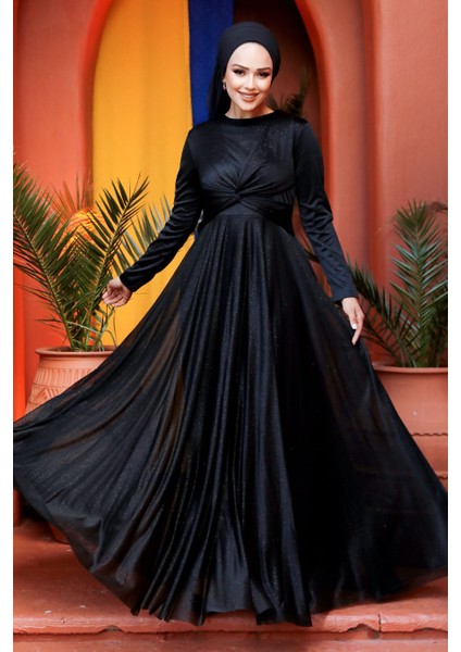 Tesettürlü Abiye Elbise - Simli Siyah Tesettür Abiye Elbise 5397S