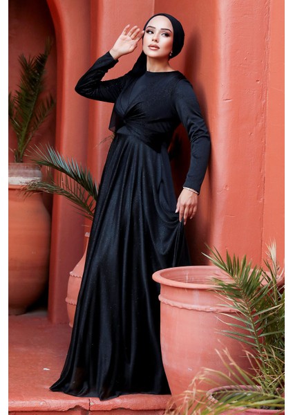 Tesettürlü Abiye Elbise - Simli Siyah Tesettür Abiye Elbise 5397S fiyatları