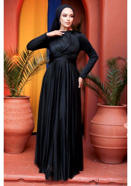Tesettürlü Abiye Elbise - Simli Siyah Tesettür Abiye Elbise 5397S modelleri