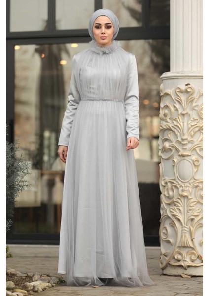 Boncuk Detaylı Gri Tesettür Abiye Elbise 2203GR