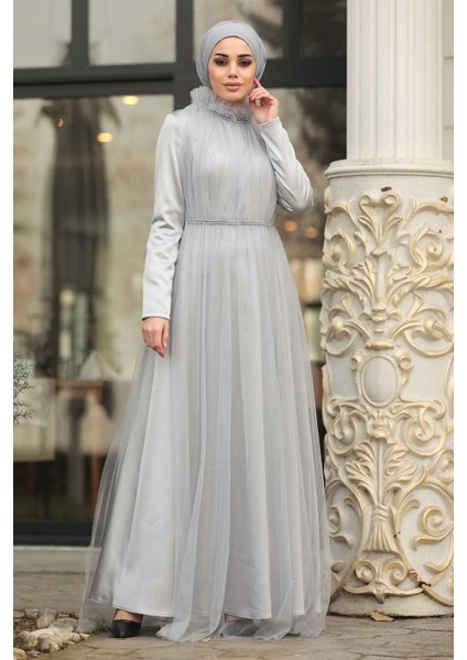 Boncuk Detaylı Gri Tesettür Abiye Elbise 2203GR fiyatları