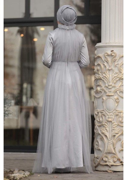 Boncuk Detaylı Gri Tesettür Abiye Elbise 2203GR modelleri