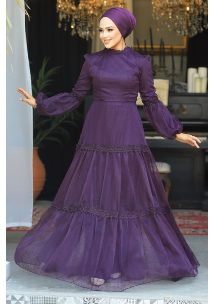 Dantel Detaylı Mor Tesettür Abiye Elbise 2335MOR