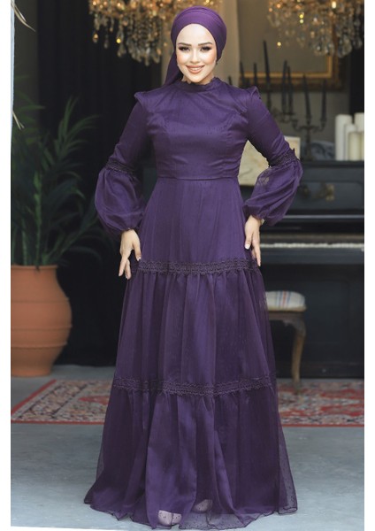 Dantel Detaylı Mor Tesettür Abiye Elbise 2335MOR fiyatları
