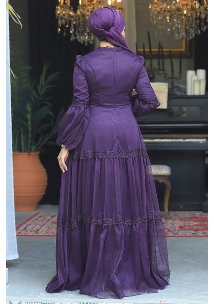 Dantel Detaylı Mor Tesettür Abiye Elbise 2335MOR modelleri