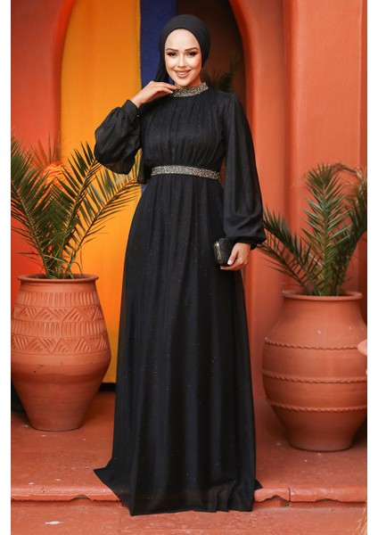 Tesettürlü Abiye Elbise - Simli Siyah Tesettür Abiye Elbise 5501S