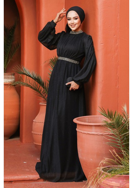 Tesettürlü Abiye Elbise - Simli Siyah Tesettür Abiye Elbise 5501S fiyatları