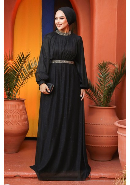 Tesettürlü Abiye Elbise - Simli Siyah Tesettür Abiye Elbise 5501S modelleri
