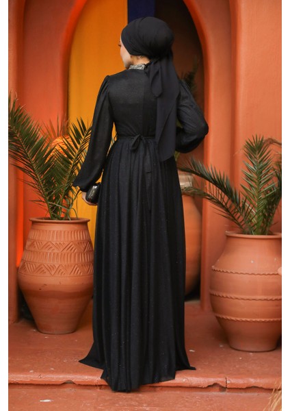 Tesettürlü Abiye Elbise - Simli Siyah Tesettür Abiye Elbise 5501S fırsatları