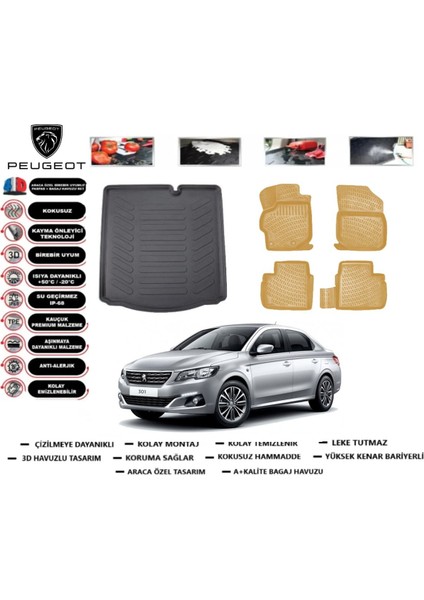 Peugeot 301 2021 Model Bagaj Havuzu(Paspası)+Araca Özel Bej Paspas Takımı Flex