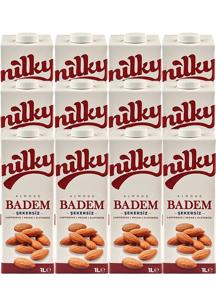 Badem Sütü Şekersiz Glütensiz Bitkisel Bazlı Laktosuz Vegan 12x1 lt