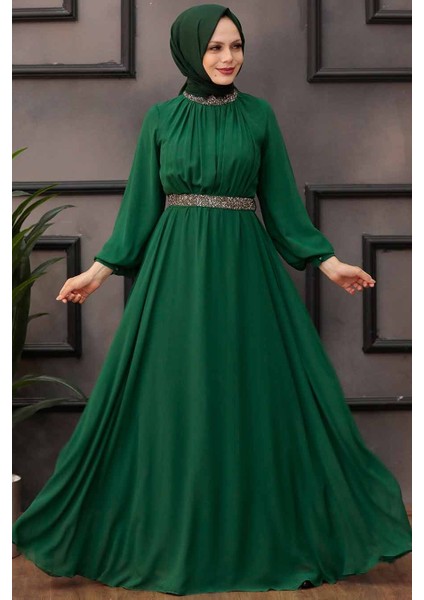 Tesettürlü Abiye Elbise - Balon Kol Yeşil Tesettür Abiye Elbise 5339Y