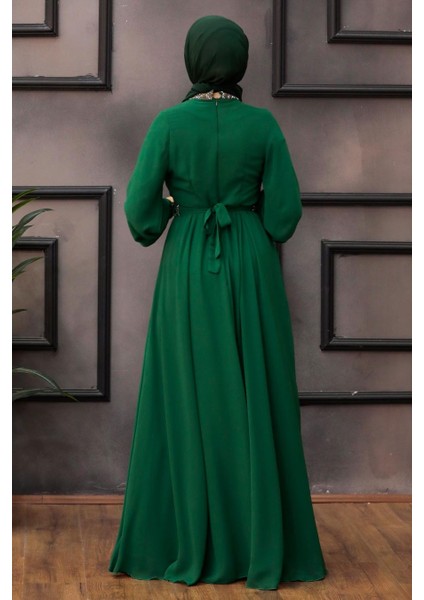 Tesettürlü Abiye Elbise - Balon Kol Yeşil Tesettür Abiye Elbise 5339Y fiyatları