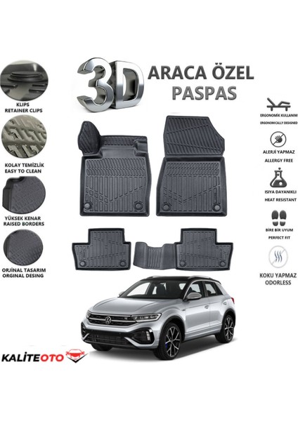 Volkswagen T-Roc 2020 Model Tam Uyumlu Kokusuz 3D Havuzlu Paspas