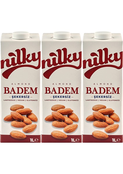 Şekersiz Badem Sütü Glütensiz Bitkisel Bazlı Laktosuz Vegan 3x1 lt