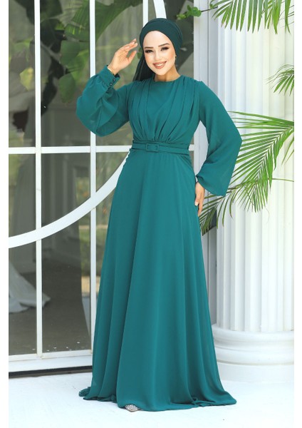 Tesettürlü Abiye Elbise - Kemerli Yeşil Tesettür Abiye Elbise 5422Y