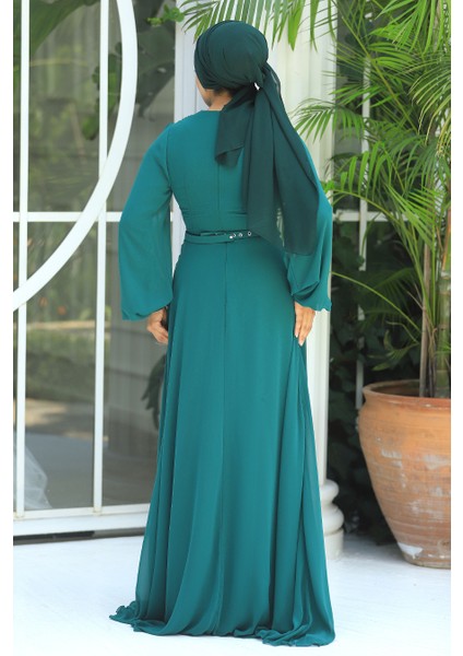 Tesettürlü Abiye Elbise - Kemerli Yeşil Tesettür Abiye Elbise 5422Y modelleri