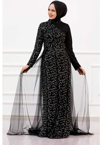 Tesettürlü Abiye Elbise - Pul Payetli Gümüş Tesettür Abiye Elbise 5345GMS