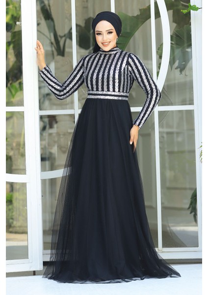 Tesettürlü Abiye Elbise - Pul Payetli Gümüş Tesettür Abiye Elbise 5338GMS