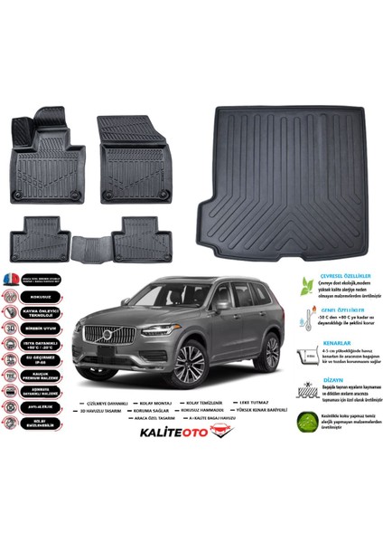 Volvo XC90 2021 Model Esnek Bagaj Havuzu Araca Özel Siyah Paspas Takımı