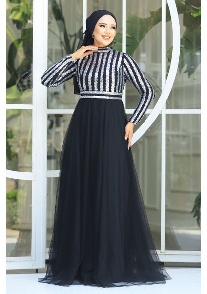 Tesettürlü Abiye Elbise - Pul Payetli Gümüş Tesettür Abiye Elbise 5338GMS fiyatları