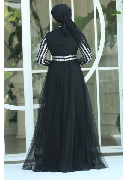 Tesettürlü Abiye Elbise - Pul Payetli Gümüş Tesettür Abiye Elbise 5338GMS modelleri