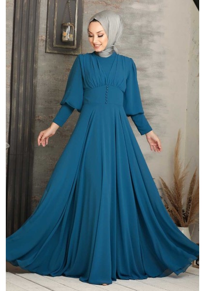Tesettürlü Abiye Elbise - Düğme Detaylı Petrol Mavisi Tesettür Abiye Elbise 53810PM