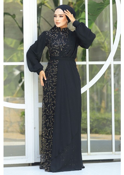 Tesettürlü Abiye Elbise - Şifon Detaylı Pul Payet Gold Tesettür Abiye Elbise 5516GOLD