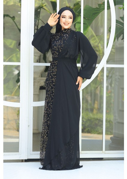 Tesettürlü Abiye Elbise - Şifon Detaylı Pul Payet Gold Tesettür Abiye Elbise 5516GOLD fiyatları