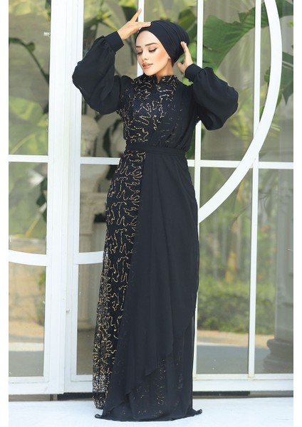 Tesettürlü Abiye Elbise - Şifon Detaylı Pul Payet Gold Tesettür Abiye Elbise 5516GOLD modelleri