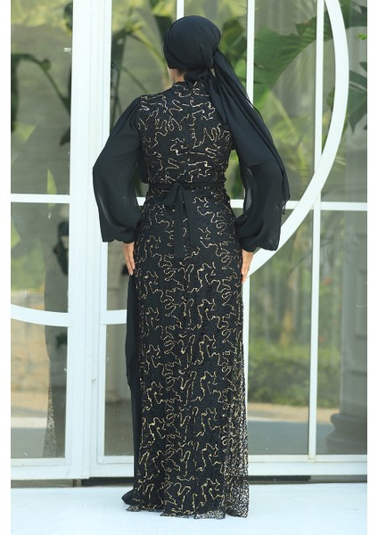 Tesettürlü Abiye Elbise - Şifon Detaylı Pul Payet Gold Tesettür Abiye Elbise 5516GOLD fırsatları