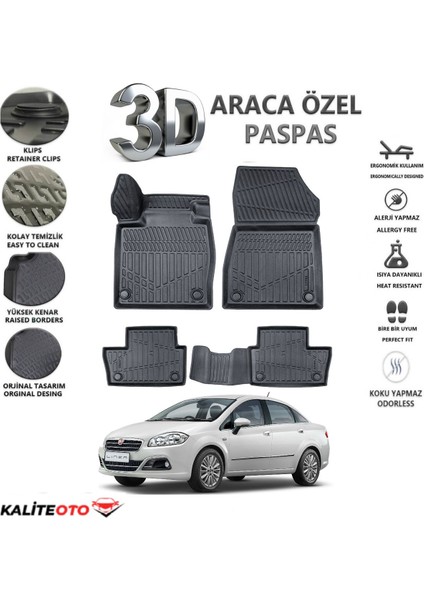 Fiat Linea 2013 Model Tam Uyumlu Kokusuz 3D Havuzlu Paspas