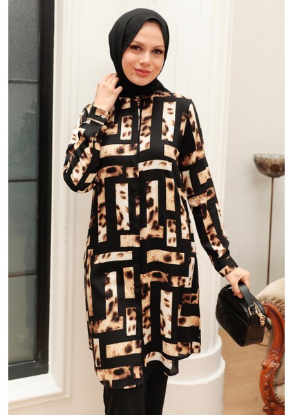 - Desenli Siyah Viskon Tesettür Tunik 11542S