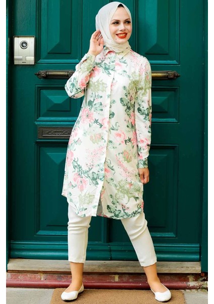 - Desenli Ekru Viskon Tesettür Tunik 11541E