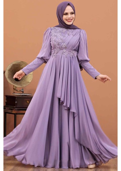 Tesettürlü Abiye Elbise - Inci Detaylı Lila Tesettür Abiye Elbise 21930LILA