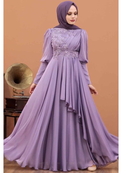 Tesettürlü Abiye Elbise - Inci Detaylı Lila Tesettür Abiye Elbise 21930LILA fiyatları