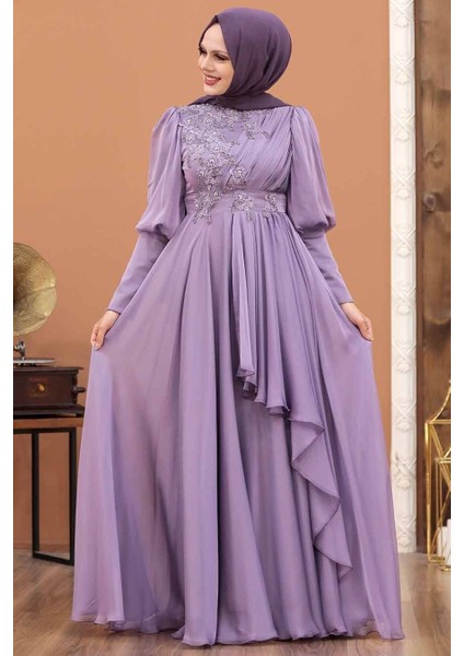 Tesettürlü Abiye Elbise - Inci Detaylı Lila Tesettür Abiye Elbise 21930LILA modelleri