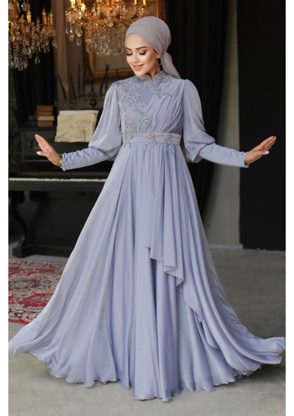 İnci Detaylı Gri Tesettür Abiye Elbise 21930GR