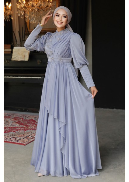 İnci Detaylı Gri Tesettür Abiye Elbise 21930GR fiyatları