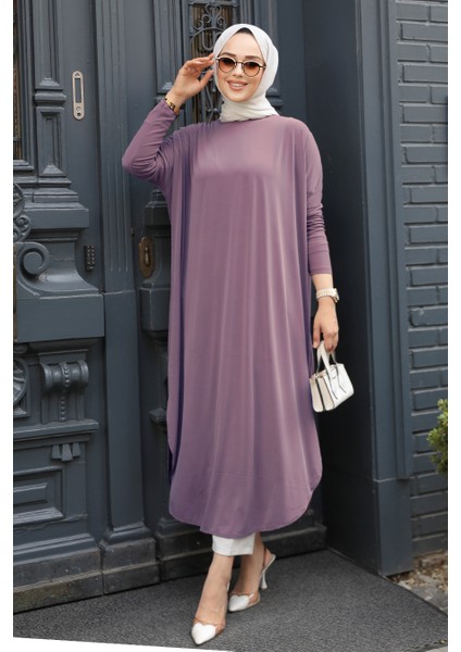 - Yırtmaç Detaylı Gül Kurusu Tesettür Triko Tunik 17350GK